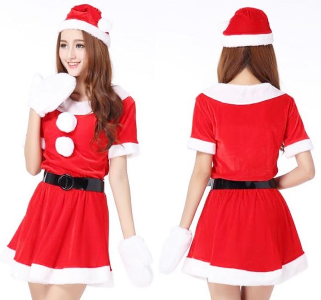 [LOOKGOU] 超かわいい & セクシー サンタ ミニワンピ 衣装 クリスマス コスプレ/サンタ 帽子 ベルト ふかふか 白手袋 4点 セット (レッド)