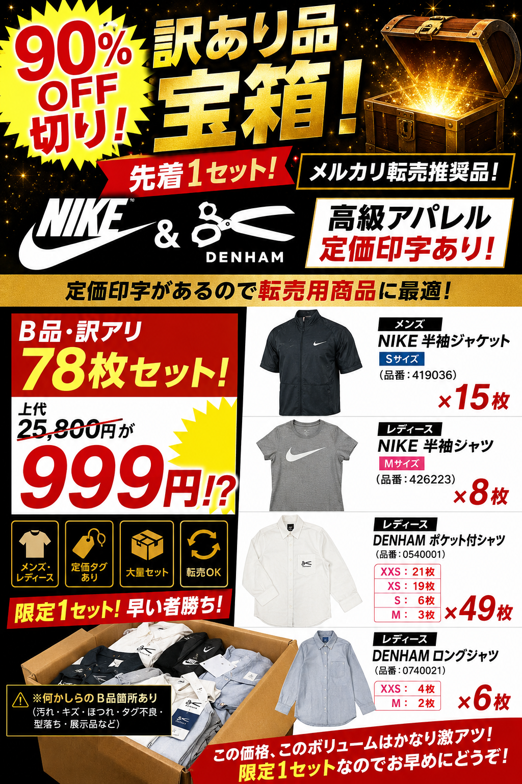 ９０％OFF切り！NIKE＆デンハム　高級アパレル　定価印字あり！訳あり品宝箱！先着1セット！メルカリ転売推奨品！先着１名様