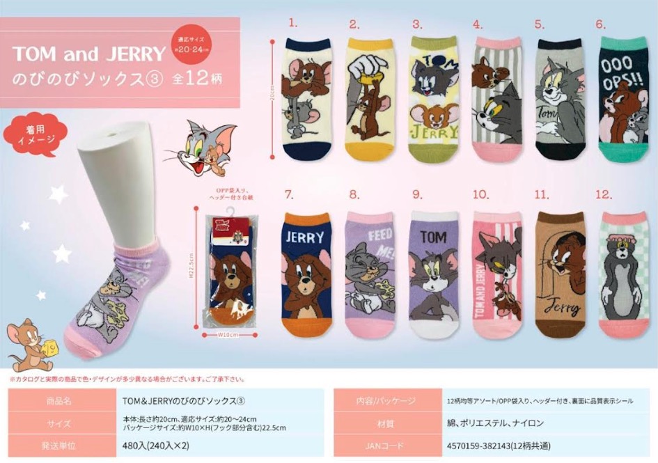 トミとジェリー　キャラクターのびのびソックス　480足入り  4570159382143