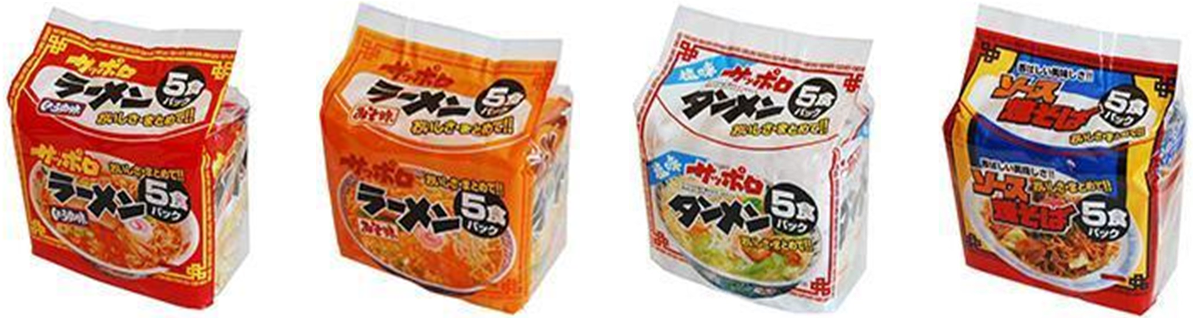 麺のスナオシ　サッポロラーメン　しょうゆ　5食パック・サッポロラーメン　みそ　5食パック・サッポロタンメン　塩　5食パック・サッポロソース焼そば　5食パック　180個　4973288512304 4973288523409 4973288534504 4973288545609　※2025年4月より価格改定