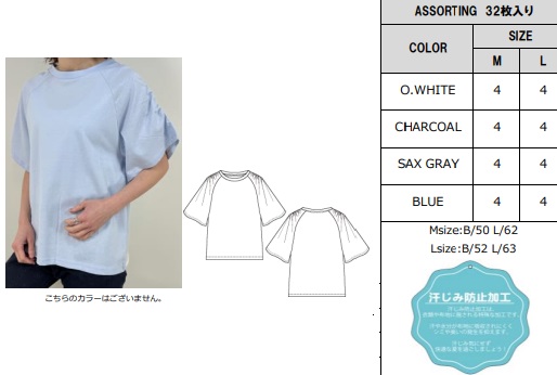レディース　汗染み防止加工付き パワショルTシャツ　4色アソート　32枚入り 73574