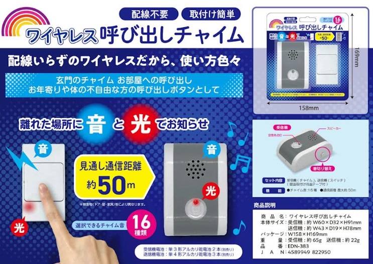 取り付けカンタン♪ワイヤレス呼び出しチャイム　60個入り EDN-383