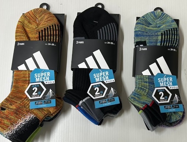 紳士　adidas　メッシュスニーカーソックス　3P　M/L　24個入り 1003376061・1003376071