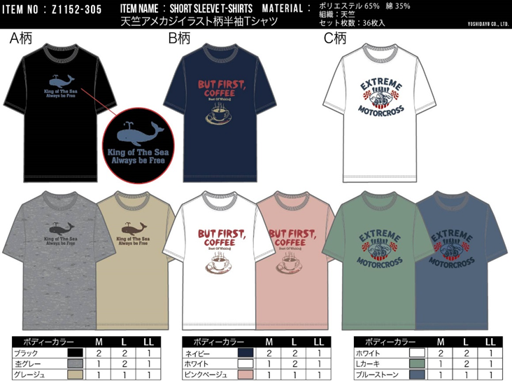 メンズ　天竺アメカジイラスト柄半袖Tシャツ　36枚セット　Z1152-305