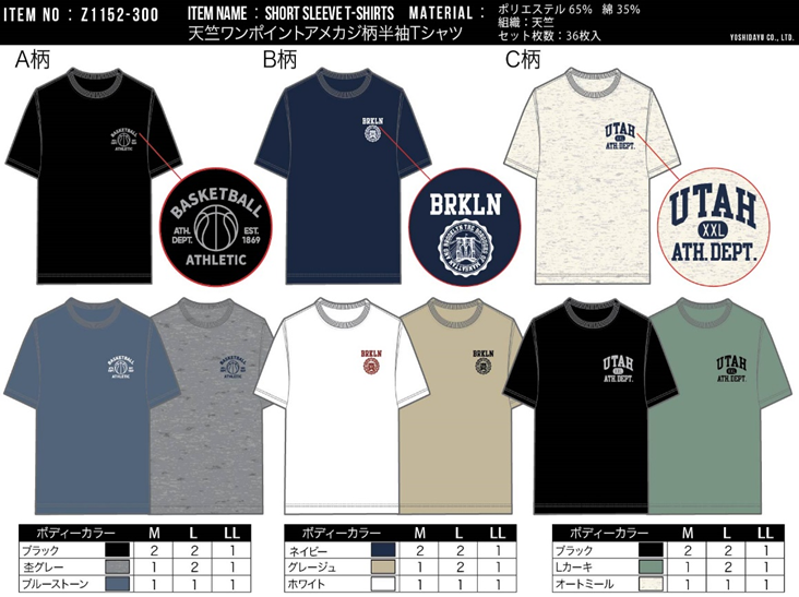 メンズ　天竺ワンポイントアメカジイラスト柄半袖Tシャツ　36枚セット　Z1152-300