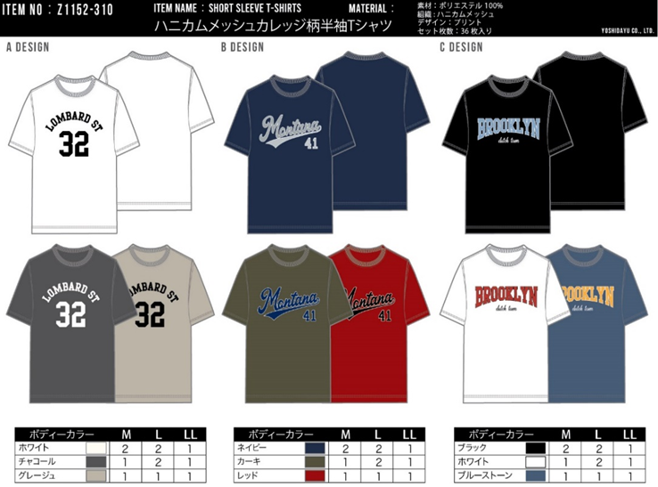 メンズ　ハニカムメッシュカレッジ柄半袖Tシャツ　Z1152-310　36枚セット