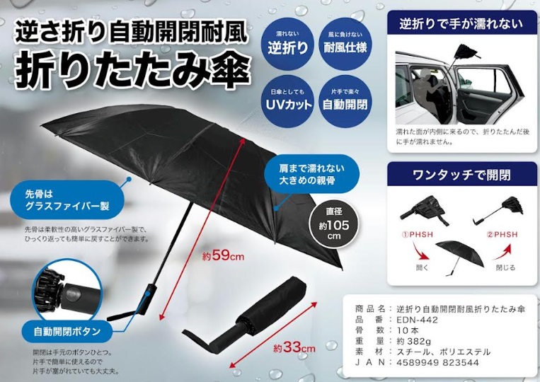 ワンタッチ開閉で便利♪逆折り自動開閉 耐風折りたたみ傘　50本入り EDN-442/4589949823544