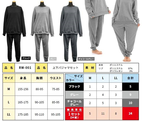 上下パジャマ（スウェット）セット　3カラー　アソート　24個セット　RW-001