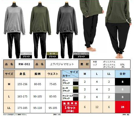 上下パジャマ（スウェット）セット 3コンビカラー　アソート　24個セット　RW-002