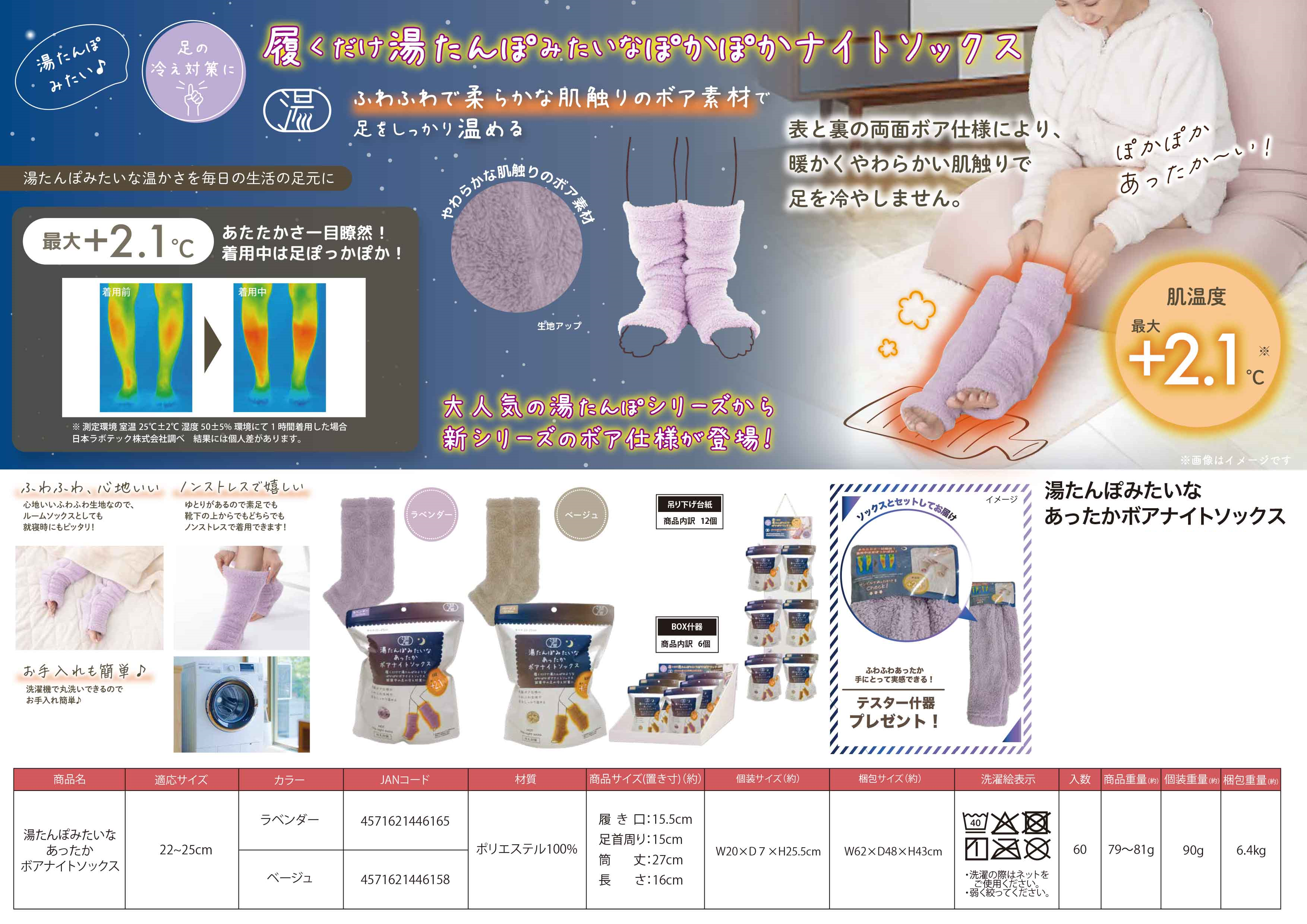 湯たんぽみたいなあったかボアナイトソックス　2色アソート　70足セット