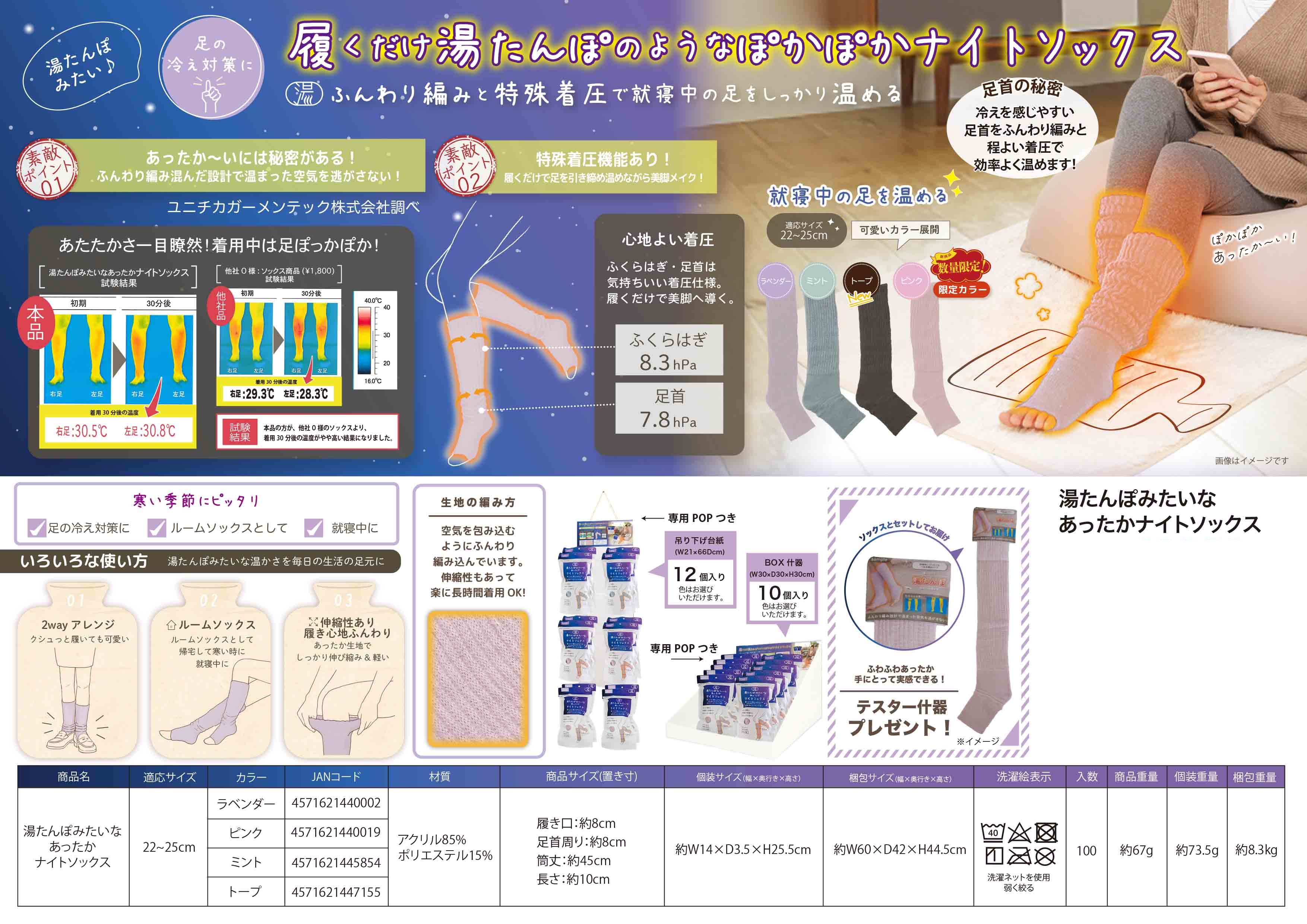 湯たんぽみたいなあったかナイトソックス　4色アソート　80足セット