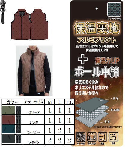 高密度マイクロ裏ラミネート中綿ランダムシームレスベスト　全4色アソート　16枚入り GMW-44611