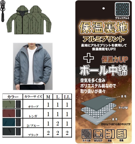 高密度マイクロ裏ラミネート中綿ランダムシームレスパーカー　全4色アソート　16枚入り GMW-44616