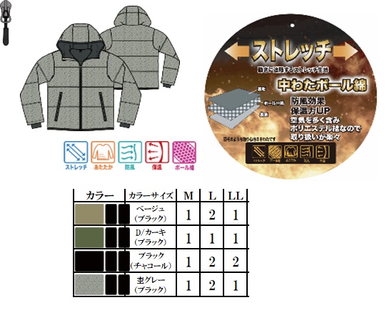 ストレッチニットボール中綿横段シームレスパーカー　全4色アソート　16枚入り GMW-44648