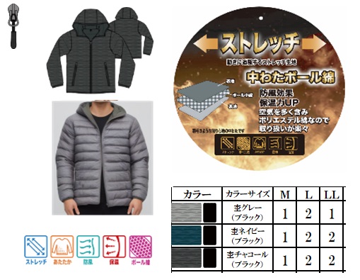 杢ニットラミネートプリントボール中綿横キルトパーカー　全3色アソート　14枚入り GMW-44656