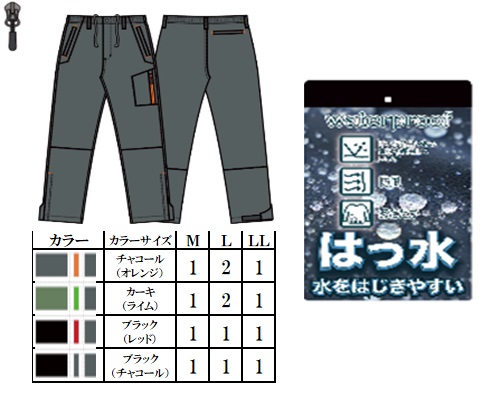 マイクロポリエステル中綿（３oz）パンツ（はっ水加工）　全4色アソート　14枚入り MSE-4511