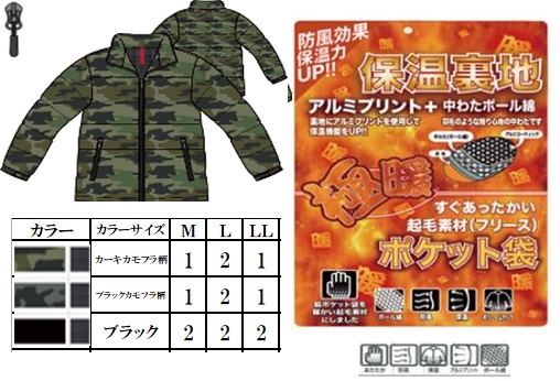 エステルタフタカモフラプリント（ツヤなし）中綿（ボールわた）ダウンタイプジャケット（身頃裏アルミコーティング)　全3色アソート　14枚入り MSE-4755