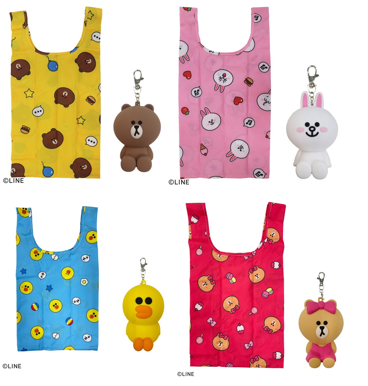 タオルのマルシンから現地買付特価品！　LINE FRIENDS ラインフレンズラバーケース付きエコバッグ4種類　40個セット！