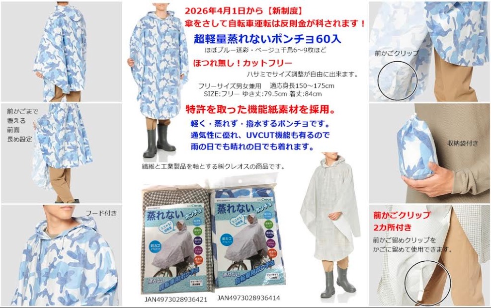 超軽量！　蒸れない自転車用ポンチョ　60枚入り