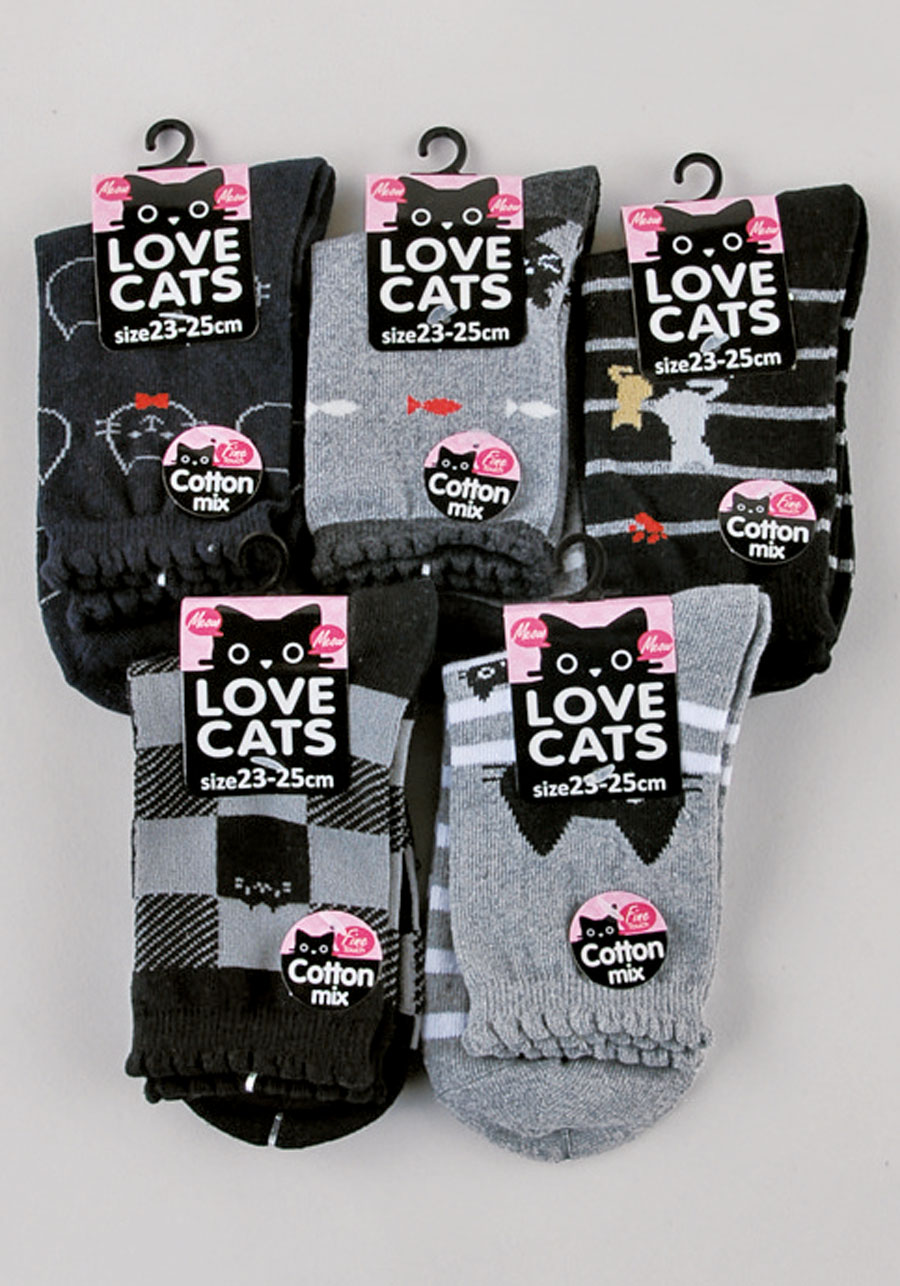 婦人　綿混ねこ柄クルー１P×１００足入  1003116531