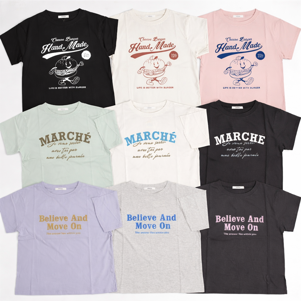 天竺半袖裾スリットTシャツ　プリント５柄　２サイズセット