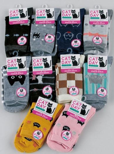 婦人　綿混ネコ柄クルー　1P　10柄アソート　100足入 1002766191