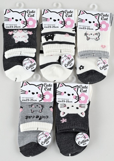 婦人　綿混ネコ柄クルー　1P　5柄アソート　100足入 1003448841