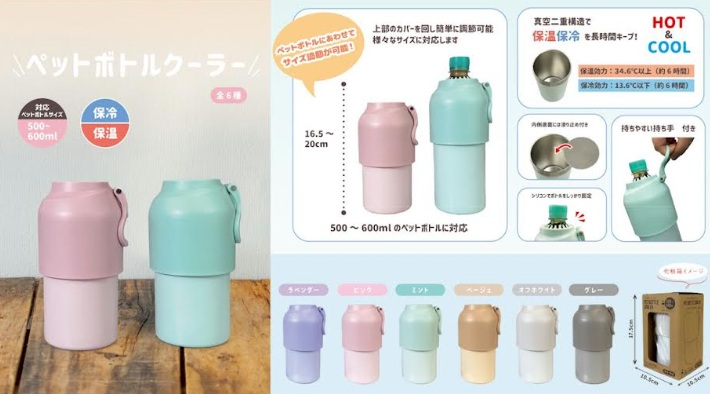 ペットボトルがそのまま入る！500ml～600ml対応！保冷/保温　ペットボトルクーラー　全6色アソート　48個入 NC-300