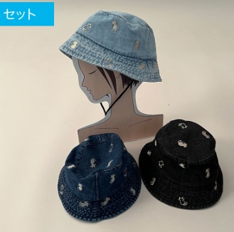 婦人　ネコ刺繍デニムハット　調節首紐付き　12個入 470214