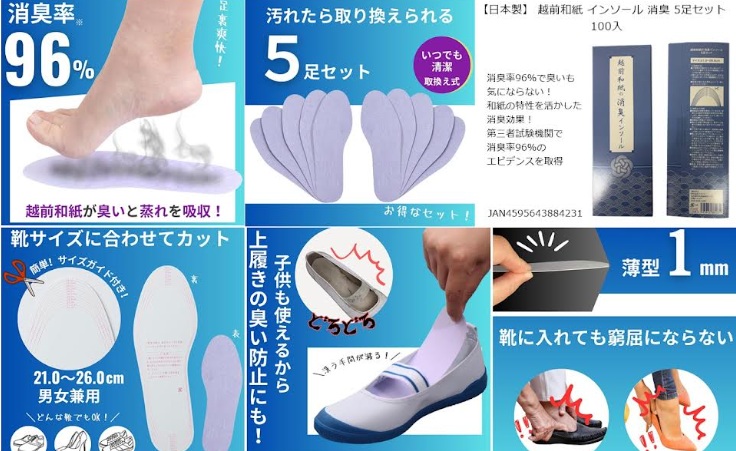 【日本製】男女兼用　 越前和紙 インソール 消臭 5足セット　100個入 4595643884231