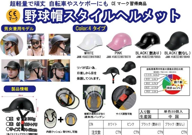 野球帽スタイルヘルメット　全4色アソート　55個入 458228979062・458228979079・458228979055・458228979048