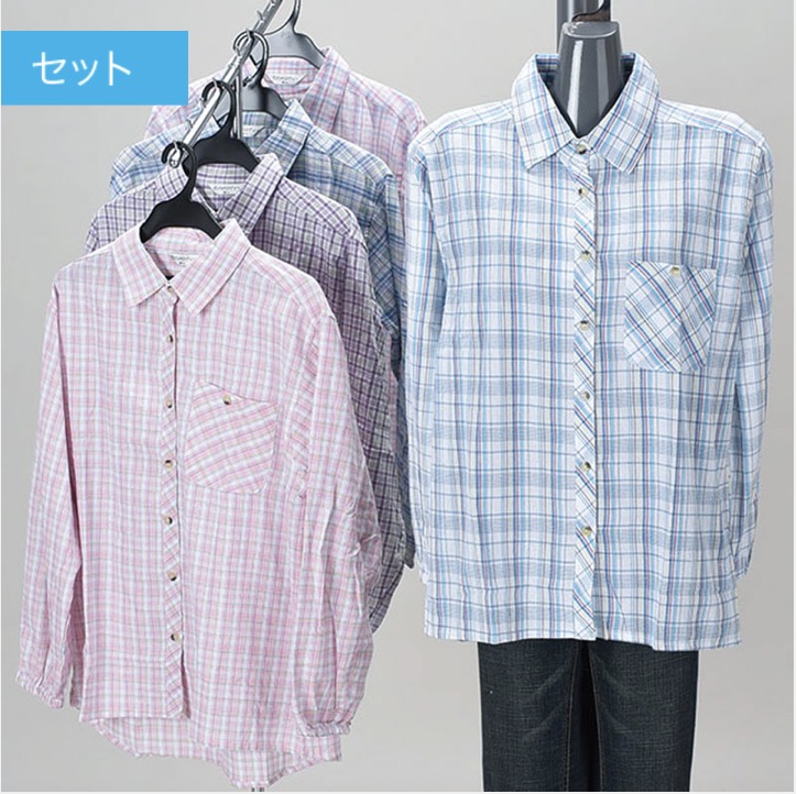 婦人　格子柄作業ブラウス（袖ゴム）　2サイズセット