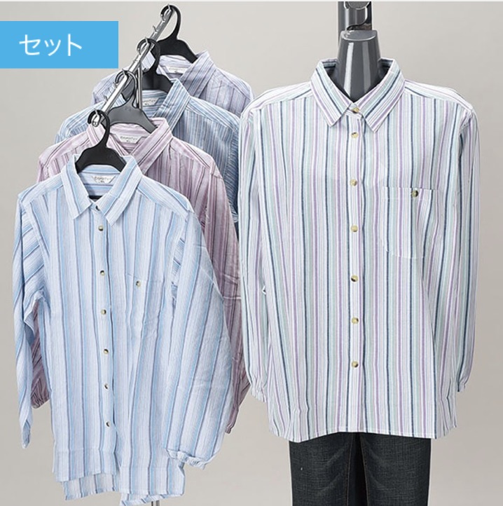 婦人　ストライプ作業ブラウス（袖ゴム）　2サイズセット