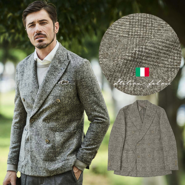 見切り処分！メーカー倉庫現地買付品！ジーステージ/ G-STAGE イタリア ROMA生地 グレンチェック柄 ダブルピークドラペル ストレッチジャケット 240216