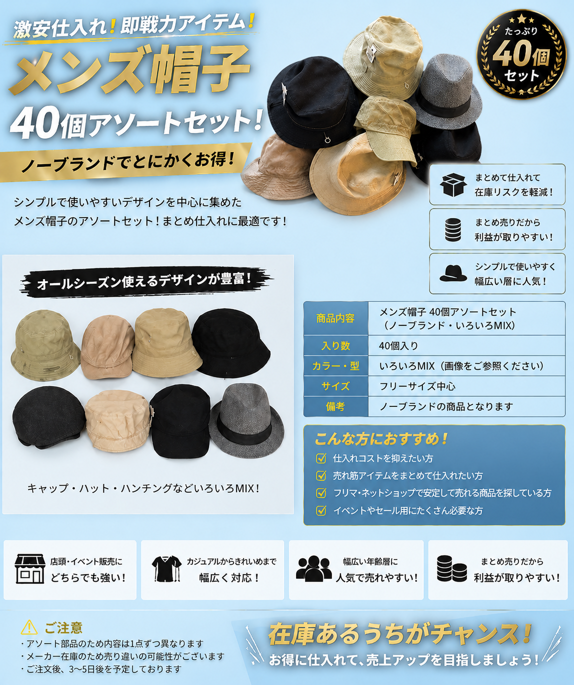 激安仕入れ応援！！　メンズ　帽子　キャップ　40個アソートセット