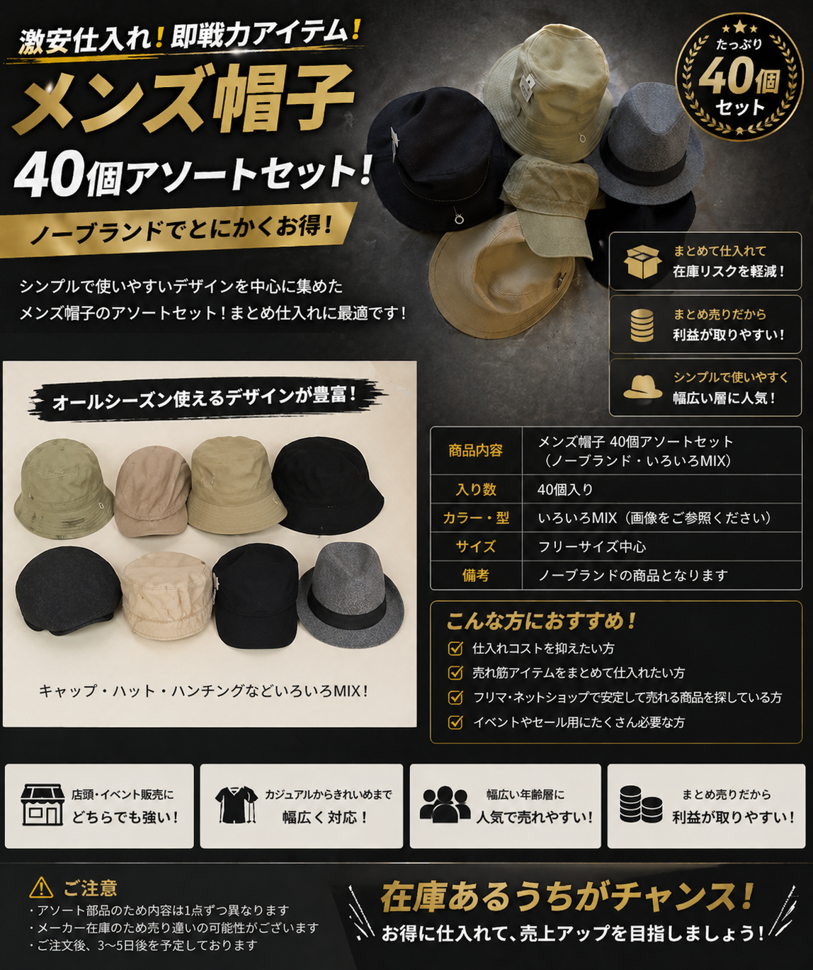 激安仕入れ応援！！　メンズ　帽子　キャップ　40個アソートセット
