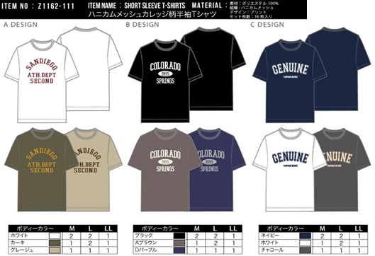 ハニカムメッシュカレッジ柄半袖Tシャツ　全9色アソート　36枚入 Z1162-111