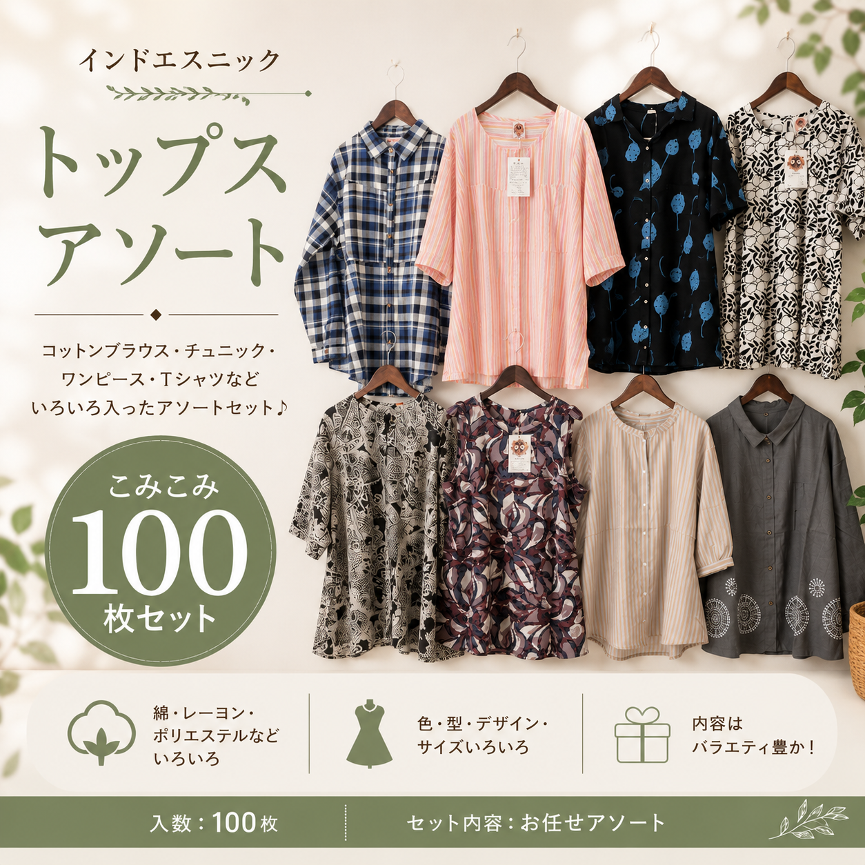 JAGANNATH　インドエスニック　トップスアソート　こみこみ100枚セット