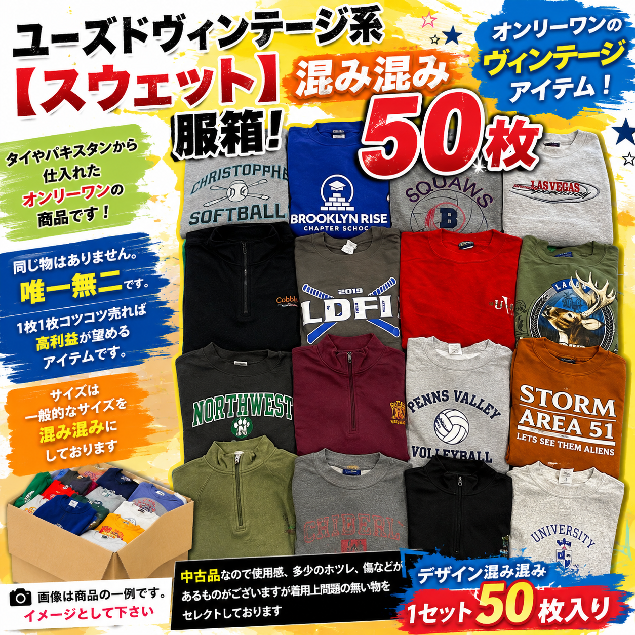 超おすすめ！目利きバイヤーが厳選してピックした！ユーズドメンズヴィンテージ系【スウェット】５０枚服箱