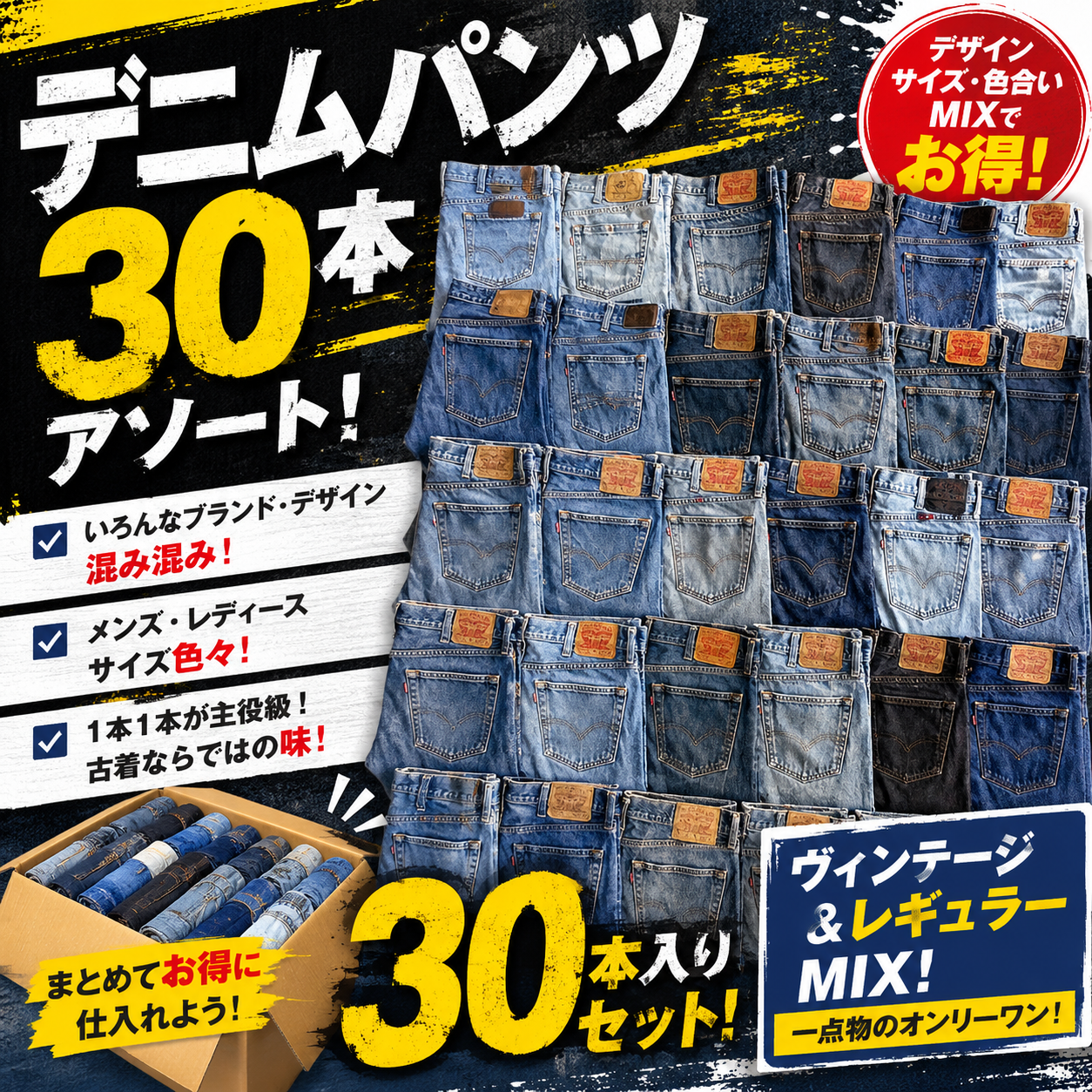 超おすすめ！目利きバイヤーが厳選してピックした！ユーズドメンズヴィンテージ系【デニムパンツ】３０本服箱