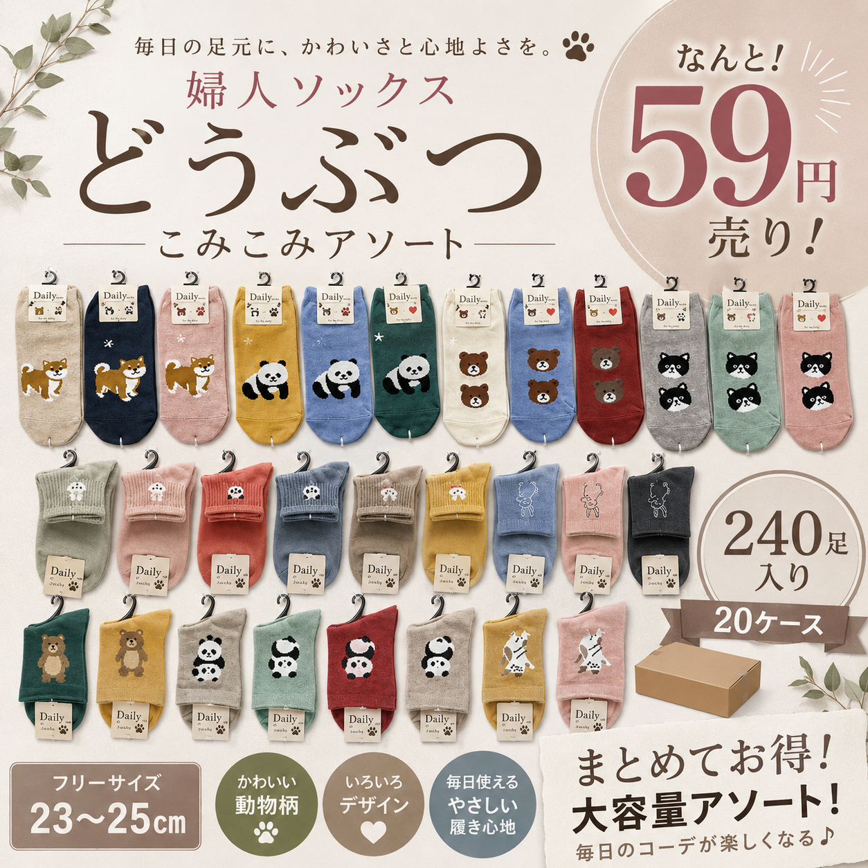 店頭映え抜群！レディス 婦人ソックス どうぶつ柄 こみこみアソート 240足入り（23〜25cm）