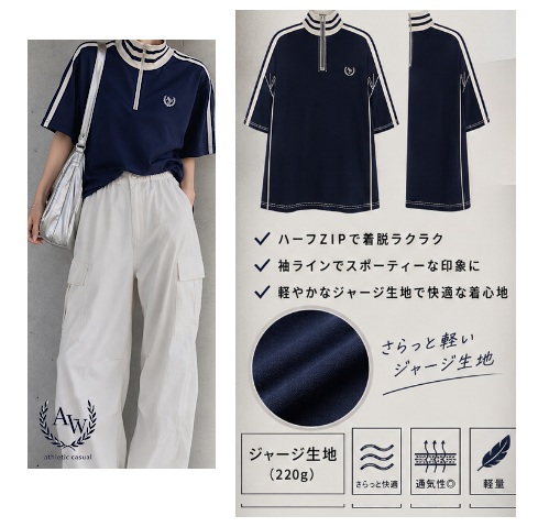 レデース　ハーフZIP袖ラインTシャツ　12枚入 1004131411