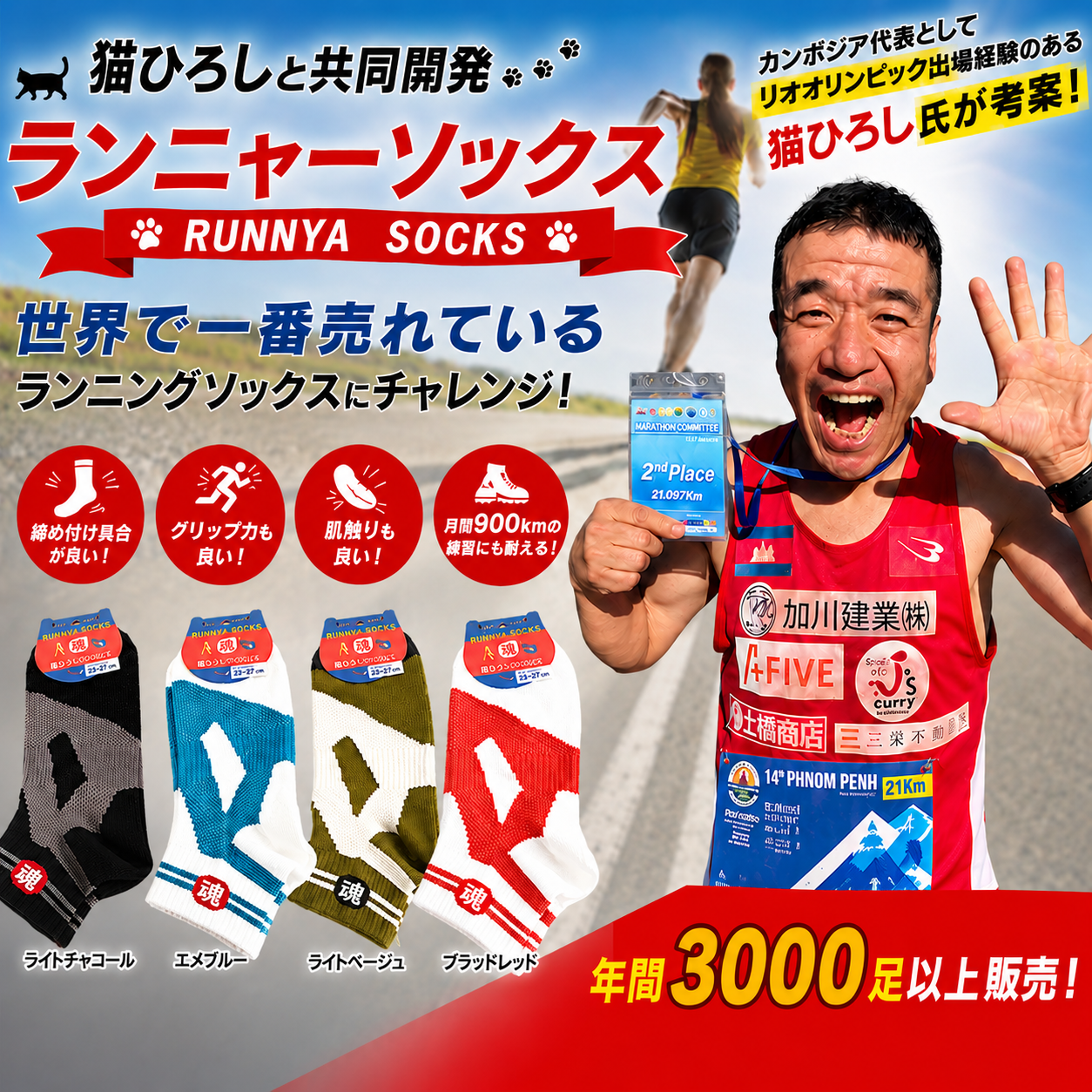 NEWカラー登場！　猫ひろしランニャーソックス　新色　メンズ＆レディス　4色展開　1足から販売　卸用セットもあります！