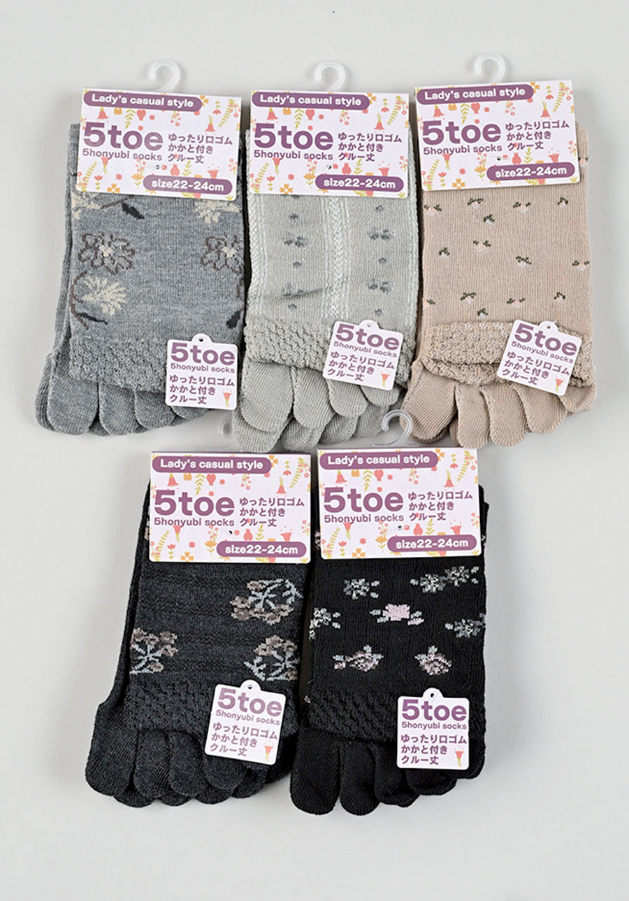 売れてます！！婦人ナチュラル花柄5本指クルー1P　22-24cm　100足入り　カラーアソート　1004141091