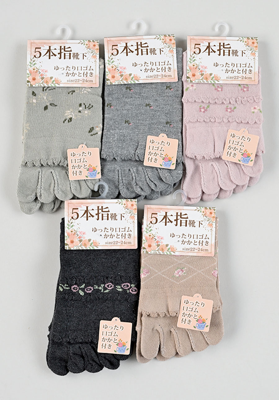 売れてます！！婦人花柄ミセス5本指クルーソックス1P　22-24cm　100足入り　柄アソート　1004141111