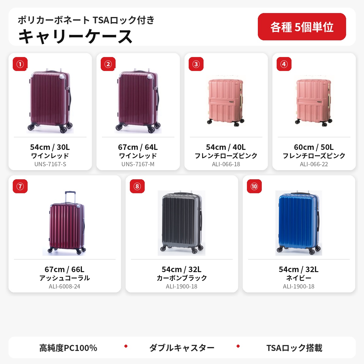【各種5個単位】高純度ポリカーボネート100％ TSAロック付きキャリーケース  ダブルキャスター 32L～66L