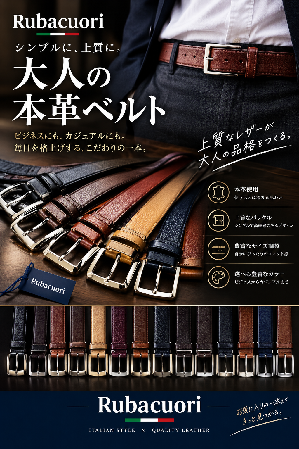 Rubacuori　メンズ　紳士牛革　ピンベルトアソート　こみこみ30本セット