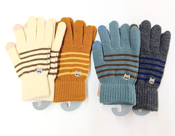 スマホ対応ポイント猫刺繍ボーダー手袋　10双入り