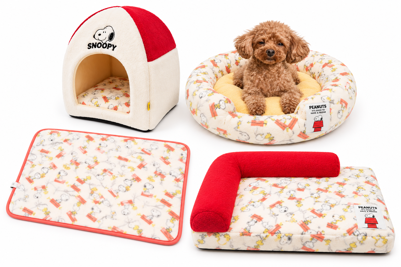 ペット用　スヌーピー寝具4点セット Aver（赤屋根柄）　4点入り