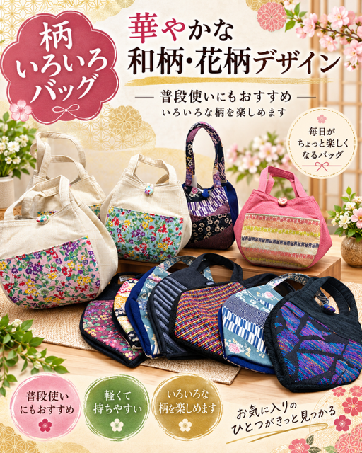 33個のみ　日本製和柄・花柄デザイン色々バッグ（2枚目画像花柄21個多め）RS-66